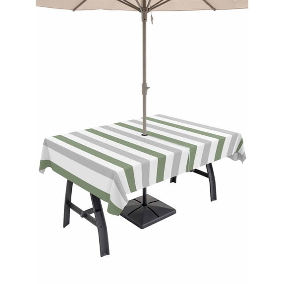 60x102 Inch Outdoor Tablecloth with Umbrella Hole Zipper Rectangle Sage Green Stripe Rectangular Tablecloths Outside Waterproof Geometric Grey White Vertical Striped Patio Table Cover for Picnic