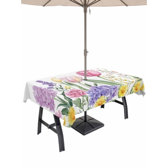 60x102 Inch Outdoor Tablecloth with Umbrella Hole Zipper Rectangle Spring Floral Rectangular Tablecloths Outside Waterproof Summer Botanical Pink Wildflower Patio Table Cloth Cover for Picnic Party