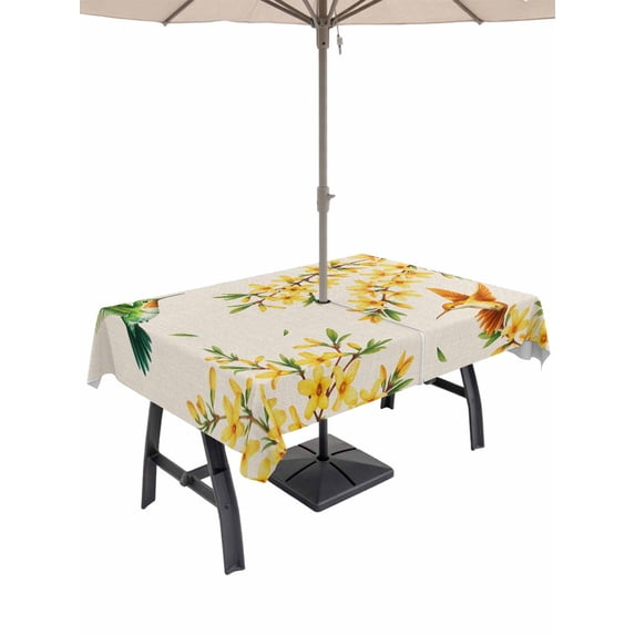 60x102 Inch Outdoor Tablecloth with Umbrella Hole Zipper Rectangle Spring Floral Rectangular Tablecloths Waterproof Watercolor Forsythia Flowers Hummingbirds Beige Patio Table Cover for Picnic
