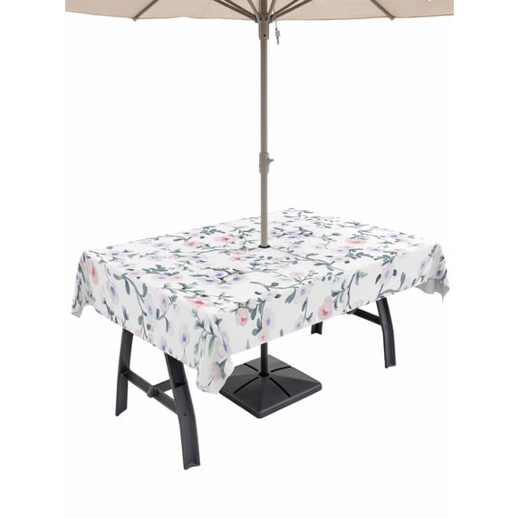 60x102 Inch Outdoor Tablecloth with Umbrella Hole Zipper Rectangle Spring Flowers Rectangular Tablecloths Outside Waterproof Blue Pink Floral Leaves Pastoral Botanical Patio Table Cover for Picnic