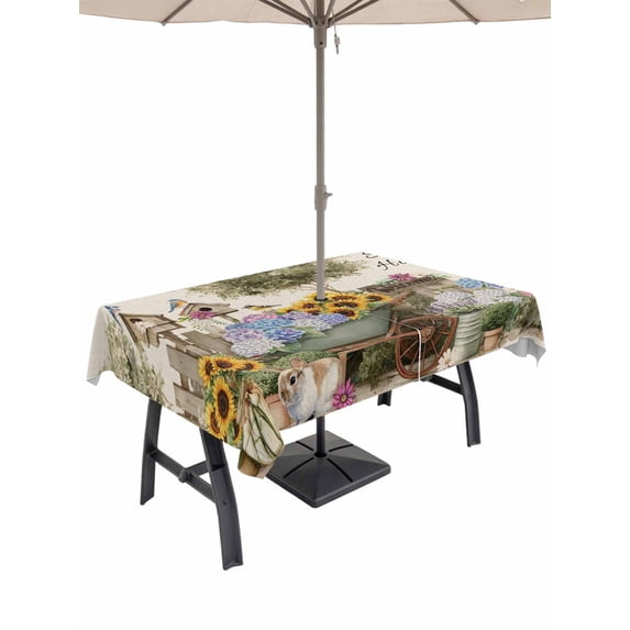 60x102 Inch Outdoor Tablecloth with Umbrella Hole Zipper Rectangle Spring Flowers Rectangular Tablecloths Outside Waterproof Farmhouse Hydrangea Sunflowers Bunny on Linen Patio Table Cover for Picnic