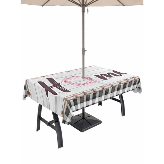 60x102 Inch Outdoor Tablecloth with Umbrella Hole Zipper Rectangle Spring Flowers Rectangular Tablecloths Outside Waterproof Farmhouse Watercolor Black Plaid Wood Grain Patio Table Cover for Picnic
