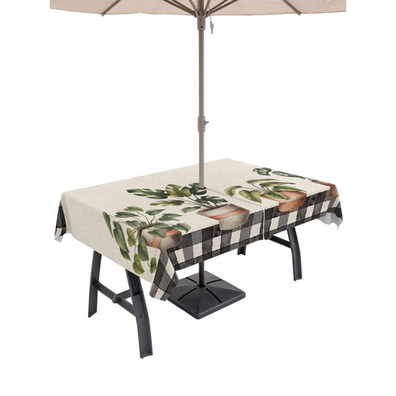 60x102 Inch Outdoor Tablecloth with Umbrella Hole Zipper Rectangle Spring Rectangular Tablecloths Outside Waterproof Country Vintage Pots Plants Black Plaid Border Patio Table Cover for Picnic Party