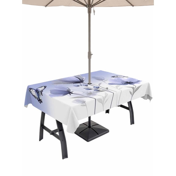 60x102 Inch Outdoor Tablecloth with Umbrella Hole Zipper Rectangle Spring Tulip Rectangular Tablecloths Outside Waterproof Watercolor Purple Flowers Butterfly Plants Patio Table Cover for Picnic