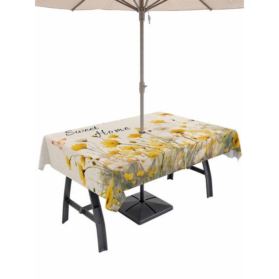 60x102 Inch Outdoor Tablecloth with Umbrella Hole Zipper Rectangle Spring Yellow Floral Rectangular Tablecloths Waterproof Farmhouse Country Flower Butterfly on Linen Patio Table Cover for Picnic