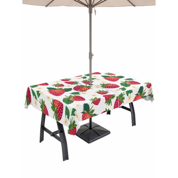 60x102 Inch Outdoor Tablecloth with Umbrella Hole Zipper Rectangle Strawberry Rustic Rectangular Tablecloths Outside Waterproof Spring Summer Floral Fruit Patio Table Cloth Cover for Picnic Party