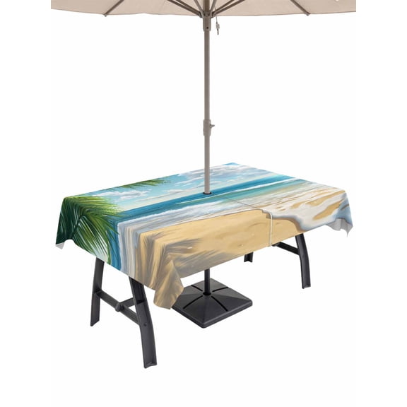60x102 Inch Outdoor Tablecloth with Umbrella Hole Zipper Rectangle Summer Beach Rectangular Tablecloths Outside Waterproof Coastal Ocean Tropical Palm Trees Patio Table Cloth Cover for Picnic Party