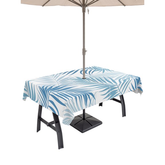 60x102 Inch Outdoor Tablecloth with Umbrella Hole Zipper Rectangle Summer Palm Leaves Rectangular Tablecloths Outside Waterproof Tropical Botanical Minimalist Blue Patio Table Cloth Cover for Picnic