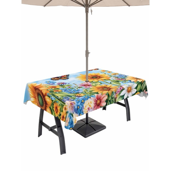60x102 Inch Outdoor Tablecloth with Umbrella Hole Zipper Rectangle Summer Yellow Sunflower Rectangular Tablecloths Outside Waterproof Daisy Wildflower Pastoral Patio Table Cover for Picnic Party