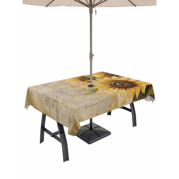 60x102 Inch Outdoor Tablecloth with Umbrella Hole Zipper Rectangle Sunflower Rectangular Tablecloths Outside Waterproof Welcome Retro Summer Botanical Pastoral Patio Table Cover for Picnic Party