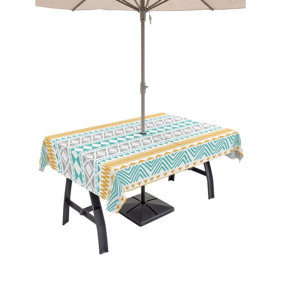 60x102 Inch Outdoor Tablecloth with Umbrella Hole Zipper Rectangle Teal Orange Boho Rectangular Tablecloths Outside Waterproof Ethnic Tribe Geometric Patio Table Cloth Cover for Picnic Party