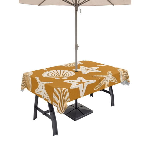 60x102 Inch Outdoor Tablecloth with Umbrella Hole Zipper Rectangle Terracotta Coastal Starfish Rectangular Tablecloths Waterproof Ocean Sea Shells Nautical Marine Patio Table Cloth Cover for Picnic
