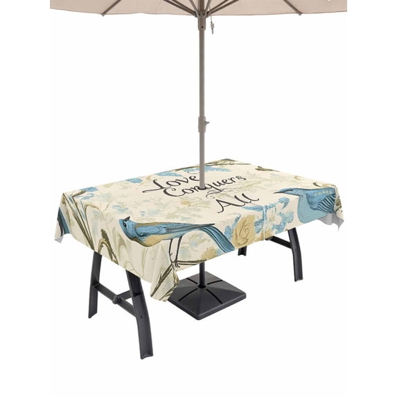 60x102 Inch Outdoor Tablecloth with Umbrella Hole Zipper Rectangle Vintage Blue Birds Rectangular Tablecloths Outside Waterproof Summer Botanical Retro Floral Patio Table Cloth Cover for Picnic Party