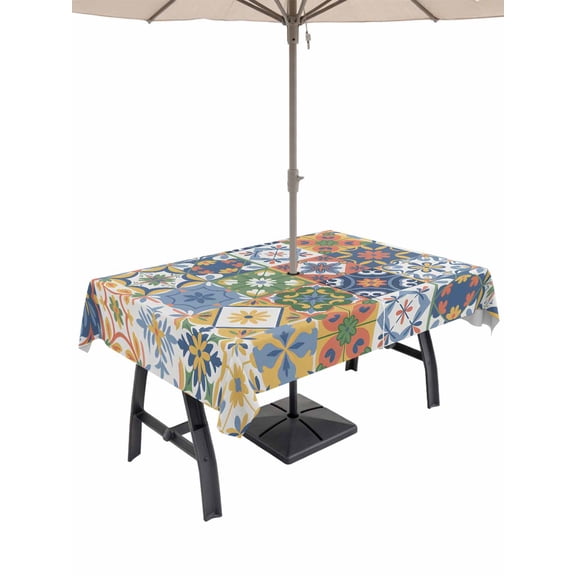 60x102 Inch Outdoor Tablecloth with Umbrella Hole Zipper Rectangle Vintage Mediterranean Rectangular Tablecloths Outside Waterproof Blue and Yellow Tiles Texture Patio Table Cover for Picnic Party