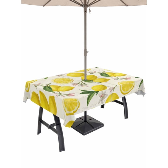 60x102 Inch Outdoor Tablecloth with Umbrella Hole Zipper Rectangle Vintage Summer Lemon Rectangular Tablecloths Outside Waterproof Watercolor Summer Botanical Patio Table Cloth Cover for Picnic Party