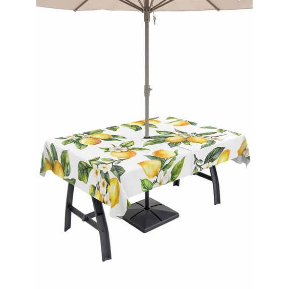 60x102 Inch Outdoor Tablecloth with Umbrella Hole Zipper Rectangle Yellow Lemon Rectangular Tablecloths Outside Waterproof Farmhouse Spring Botanical Flowers Leaves Patio Table Cover for Picnic Party