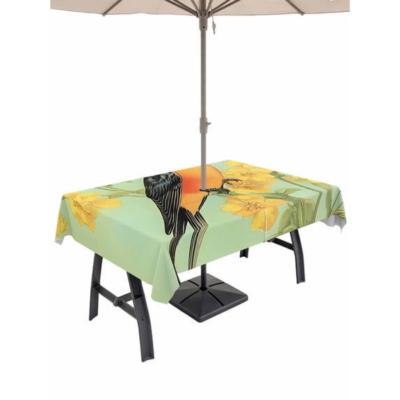 60x102 Inch Outdoor Tablecloth with Umbrella Hole Zipper Rectangle Yellow Sage Green Floral Rectangular Tablecloths Outside Waterproof Vintage Summer Bird Botanical Patio Table Cover for Picnic Party