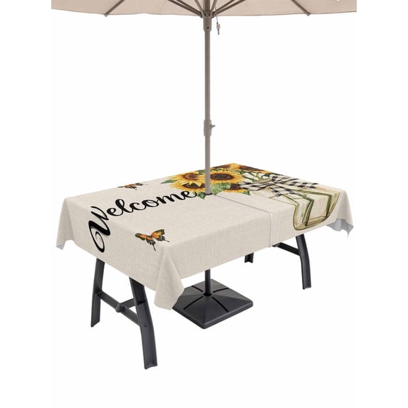 60x102 Inch Outdoor Tablecloth with Umbrella Hole Zipper Rectangle Yellow Sunflower Rectangular Tablecloths Outside Waterproof Butterfly Beige Vintage Country Patio Table Cloth Cover for Picnic Party