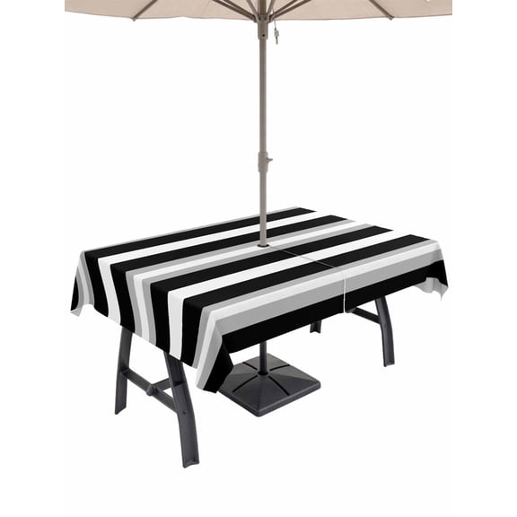 60x102 Rectangle Tablecloth, Black Grey Stripe Outdoor Tablecloth with Umbrella Hole and Zipper, Minimalist Farmhouse Striped Table Cloth, Waterproof Patio Table Covers for Party, Pool