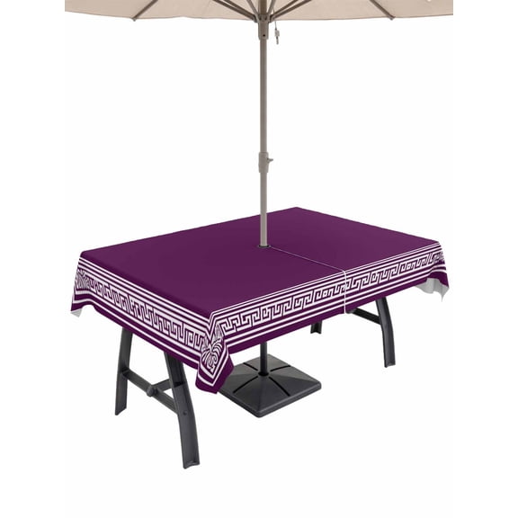 60x102 Rectangle Tablecloth, Dark Purple Greek Key Outdoor Tablecloth with Umbrella Hole and Zipper, Geometric Greece Ancient Farmhouse Geo Table Cloth, Waterproof Patio Table Covers for Party, Pool