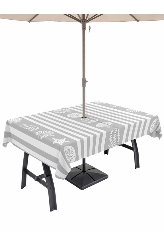 60x102 Rectangle Tablecloth, Grey Striped Coastal Outdoor Tablecloth with Umbrella Hole and Zipper, Nautical Beach Starfish Shell Table Cloth, Waterproof Patio Table Covers for Party, Pool