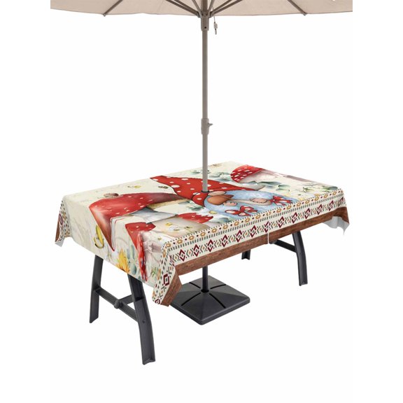 60x102 Rectangle Tablecloth, Red Gnomes Mushrooms Outdoor Tablecloth with Umbrella Hole and Zipper, Spring Floral Watercolor Botanical Vintage Table Cloth, Waterproof Patio Table Covers for Party