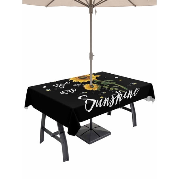 60x102 Rectangle Tablecloth, Yellow Sunflower Outdoor Tablecloth with Umbrella Hole and Zipper, Summer Flower Bee Sunshine Black Table Cloth, Waterproof Patio Table Covers for Party, Pool