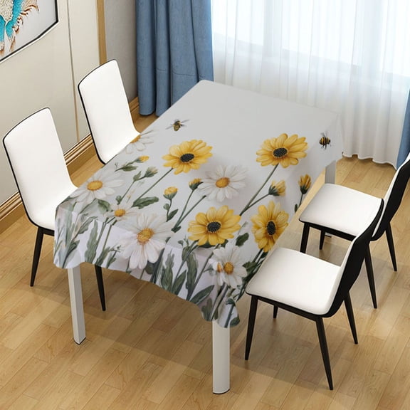 60x108 Inch Tablecloth Polyester Square Tablecloth for Home Kitchen Dinner Decor Bees Flying with Daisies