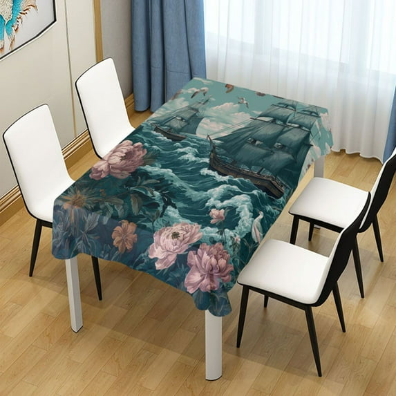 60x108 Inch Tablecloth Polyester Square Tablecloth for Home Kitchen Dinner Decor Elegant Nautical Scene