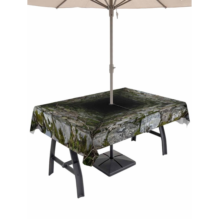 camo patio table umbrella 60x120 Inch Outdoor Tablecloth with Umbrella Hole Zipper Rectangle 3D  Optical Illusion Rectangular Tablecloths Outside Waterproof Visual Trap  Looks Like Holes Teal Patio Table Cover for Picnic Party