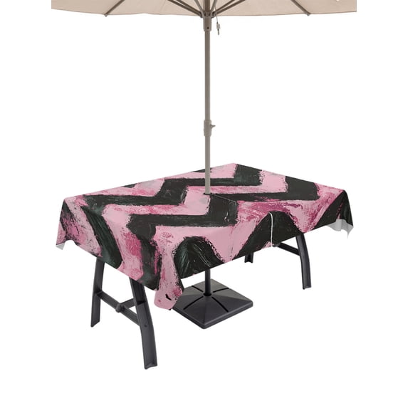 60x120 Inch Outdoor Tablecloth with Umbrella Hole Zipper Rectangle Abstract Pink Rectangular Tablecloths Outside Waterproof Geometric Zigzag Waves Bohemian Stripes Patio Table Cloth Cover for Picnic