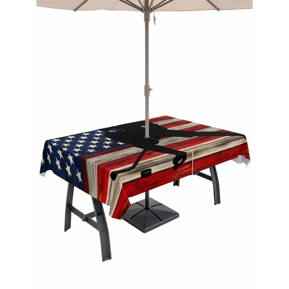 60x120 Inch Outdoor Tablecloth with Umbrella Hole Zipper Rectangle American Flag Rectangular Tablecloths Outside Waterproof Blue Red USA Flag Retro Hockey Patio Table Cloth Cover for Picnic Party