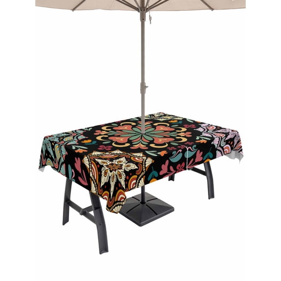 60x120 Inch Outdoor Tablecloth with Umbrella Hole Zipper Rectangle Black Boho Rectangular Tablecloths Outside Waterproof Ethnic Country Colorful Abstract Floral Motifs Patio Table Cover for Picnic