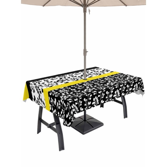 60x120 Inch Outdoor Tablecloth with Umbrella Hole Zipper Rectangle Black Yellow Rectangular Tablecloths Outside Waterproof Garden Floral Stripe Aesthetic Flower Boho Patio Table Cover for Picnic