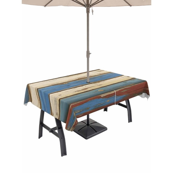 60x120 Inch Outdoor Tablecloth with Umbrella Hole Zipper Rectangle Blue Beige Plank Rectangular Tablecloths Outside Waterproof Vintage Shabby Wooden Grain Patio Table Cloth Cover for Picnic Party