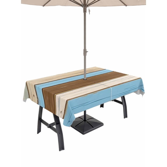 60x120 Inch Outdoor Tablecloth with Umbrella Hole Zipper Rectangle Blue Brown Wood Grain Rectangular Tablecloths Outside Waterproof Farmhouse Country Chic Stripes Patio Table Cover for Picnic Party