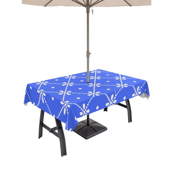 60x120 Inch Outdoor Tablecloth with Umbrella Hole Zipper Rectangle Blue Checkered Rectangular Tablecloths Outside Waterproof Farmhouse Plaid Modern Art Patio Table Cloth Cover for Picnic Party