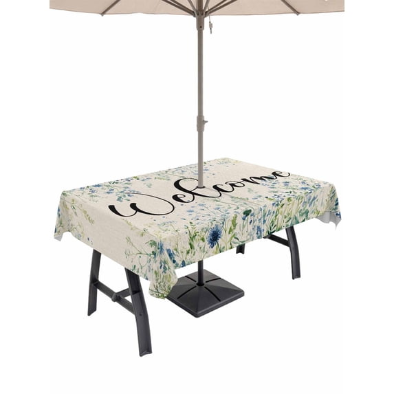 60x120 Inch Outdoor Tablecloth with Umbrella Hole Zipper Rectangle Blue Flowers Rectangular Tablecloths Outside Waterproof Watercolor Pastoral Botanical Garden Leaf Patio Table Cover for Picnic Party