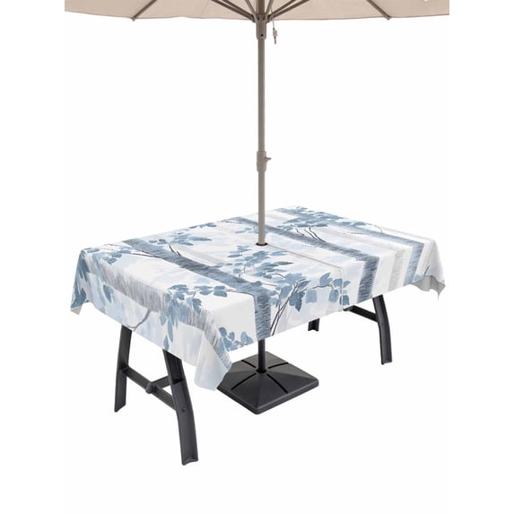 60x120 Inch Outdoor Tablecloth with Umbrella Hole Zipper Rectangle Blue Gray Forest Rectangular Tablecloths Outside Waterproof Watercolor Tree Blue Leaves Patio Table Cloth Cover for Picnic Party