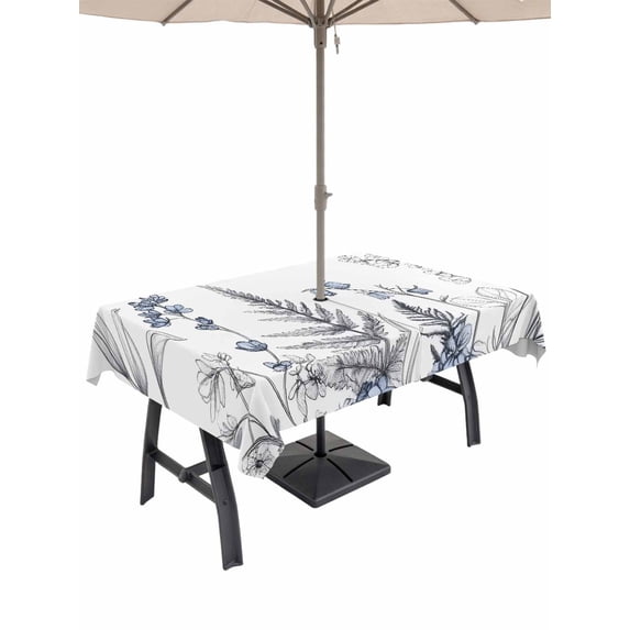 60x120 Inch Outdoor Tablecloth with Umbrella Hole Zipper Rectangle Blue Grey Floral Leaves Rectangular Tablecloths Outside Waterproof Watercolor Flowers Patio Table Cloth Cover for Picnic Party