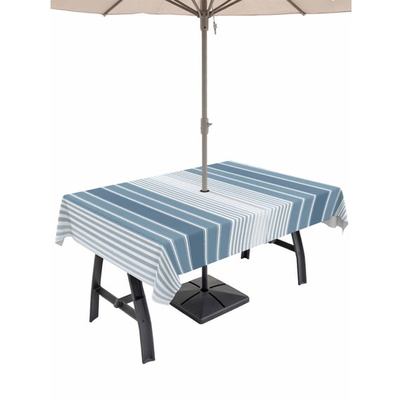 60x120 Inch Outdoor Tablecloth with Umbrella Hole Zipper Rectangle Blue Ombre Stripe Rectangular Tablecloths Outside Waterproof Farmhouse Simple Striped Patio Table Cloth Cover for Picnic Party