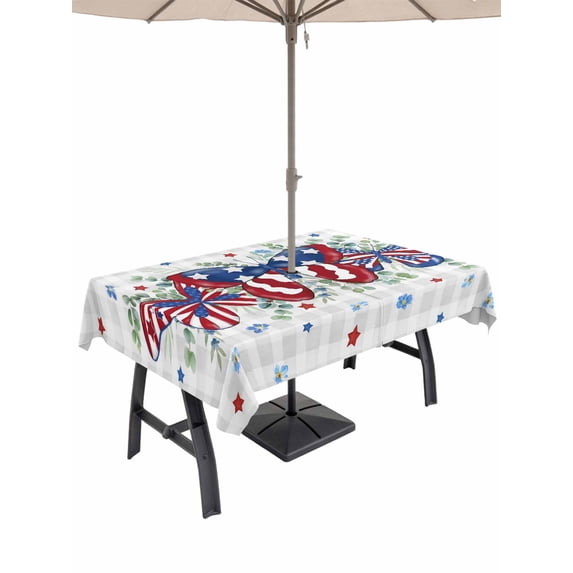 60x120 Inch Outdoor Tablecloth with Umbrella Hole Zipper Rectangle Blue Red Butterfly 4th of July Rectangular Tablecloths Waterproof Stars Independence Day Grey Plaid Patio Table Cover for Picnic
