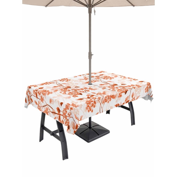 60x120 Inch Outdoor Tablecloth with Umbrella Hole Zipper Rectangle Burnt Orange Botanical Rectangular Tablecloths Outside Waterproof Vintage Nature Flower Patio Table Cloth Cover for Picnic Party