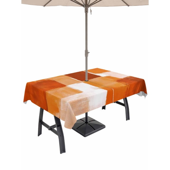60x120 Inch Outdoor Tablecloth with Umbrella Hole Zipper Rectangle Burnt Orange Geometric Rectangular Tablecloths Outside Waterproof Watercolor Ombre Modern Abstract Art Patio Table Cover for Picnic