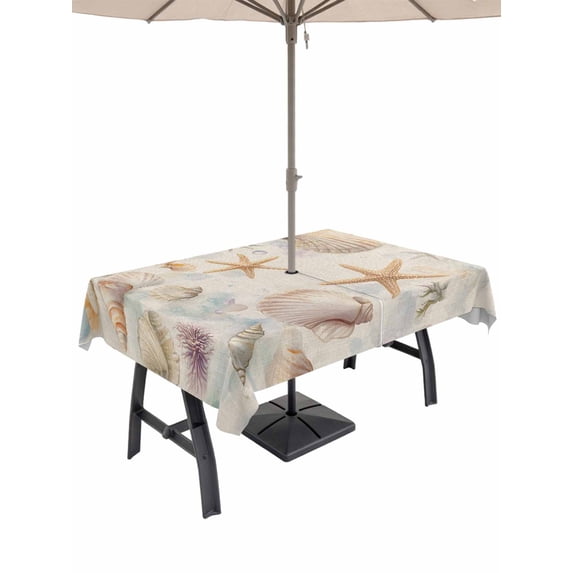 60x120 Inch Outdoor Tablecloth with Umbrella Hole Zipper Rectangle Coastal Shell Conch Rectangular Tablecloths Outside Waterproof Summer Beach Starfish Burlap Patio Table Cloth Cover for Picnic Party