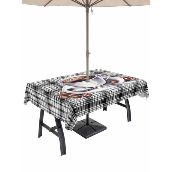 60x120 Inch Outdoor Tablecloth with Umbrella Hole Zipper Rectangle Coffee Rectangular Tablecloths Outside Waterproof Vintage Art Black White Striped Farmhouse Patio Table Cloth Cover for Picnic Party