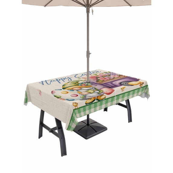 60x120 Inch Outdoor Tablecloth with Umbrella Hole Zipper Rectangle Easter Rectangular Tablecloths Outside Waterproof Green Gnomes Eggs Flowers Purple Truck Plaid Patio Table Cover for Picnic Party