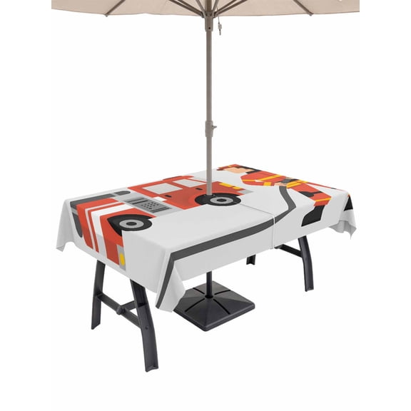 60x120 Inch Outdoor Tablecloth with Umbrella Hole Zipper Rectangle Firefighters Rectangular Tablecloths Outside Waterproof Cartoon Red Uniform Fire Truck Grey Patio Table Cloth Cover for Picnic Party