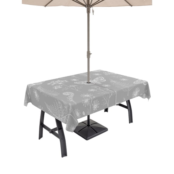 60x120 Inch Outdoor Tablecloth with Umbrella Hole Zipper Rectangle Grey Butterfly Botanical Rectangular Tablecloths Outside Waterproof Summer Plants Line Art Patio Table Cloth Cover for Picnic Party