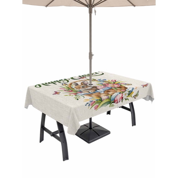60x120 Inch Outdoor Tablecloth with Umbrella Hole Zipper Rectangle Happy Easter Rectangular Tablecloths Outside Waterproof Cute Rabbits Flowers Eggs Butterflies Beige Patio Table Cover for Picnic